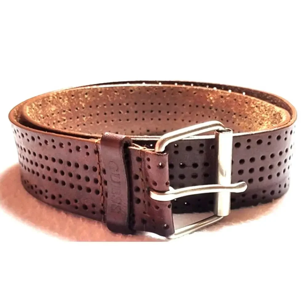 Guess Mens Brown Punched Wide Leather Belt Sz 40 Western Silvertone Buckle